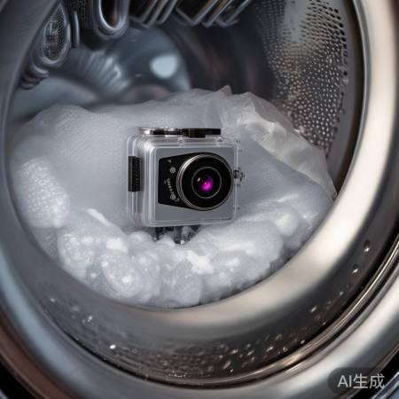 “洗衣机内拍摄，保护相机。”