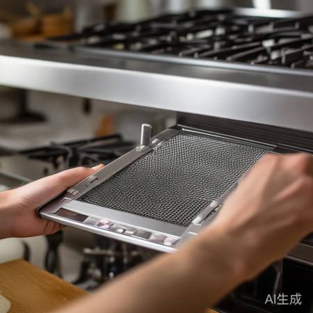 油烟机网罩取法：轻拉卡扣