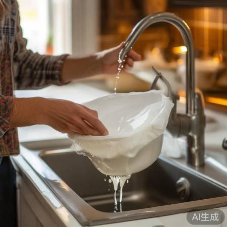 用手压纱布，酸奶速滤出。