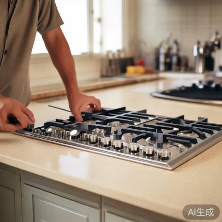 安装灶具，对齐拧紧。